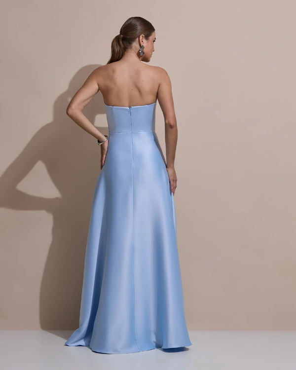 Vestido de Festa Longo Tomara que Caia Decote Coração Cetim Cruzado Costas Serenity