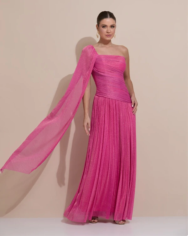 Vestido de Festa Longo Um ombro Só Tule Brilho Drapeado Capa Pink