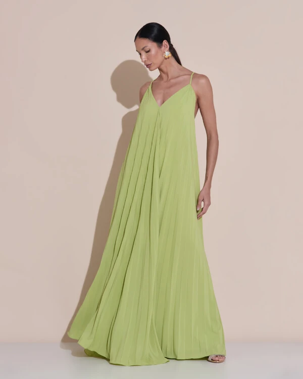 Vestido de Festa Longo Plissado Crepe Chiffon Decote V Alças Finas Verde Garden