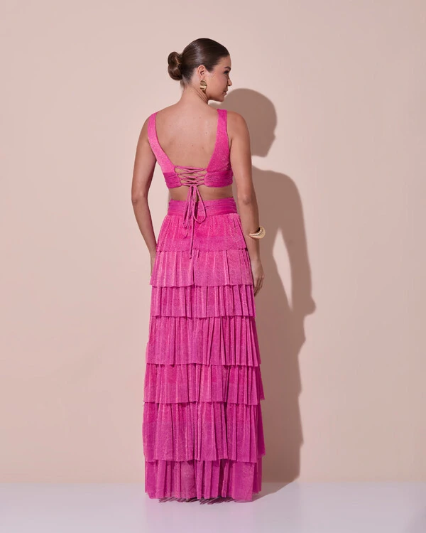 Vestido De Festa Longo Decote V Tule Brilho Recortes Camadas Pink