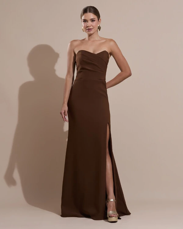 Vestido de Festa Longo Tomara que Caia Alfaiataria Marrom