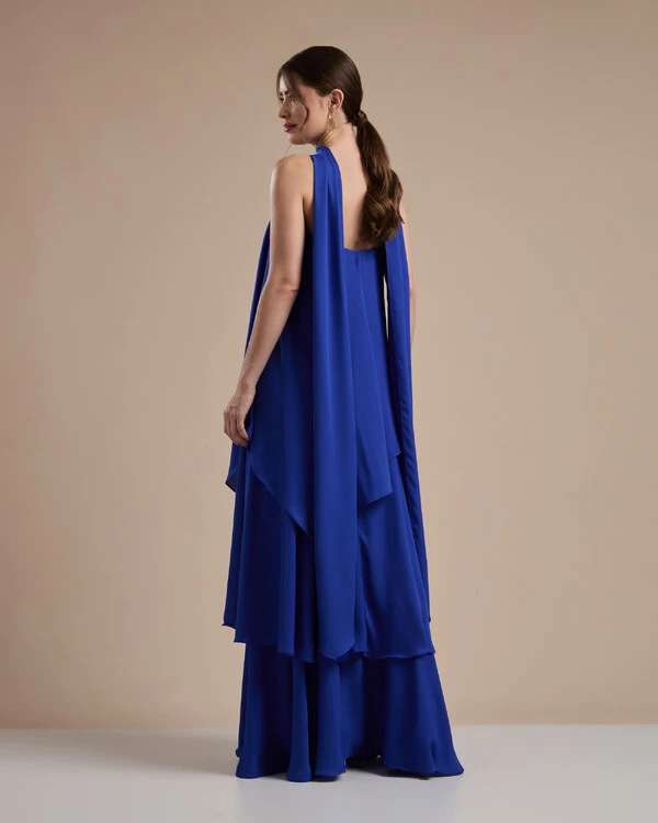 Vestido de Festa Longo Chiffon Crepe em Camadas com Lenço Azul Royal