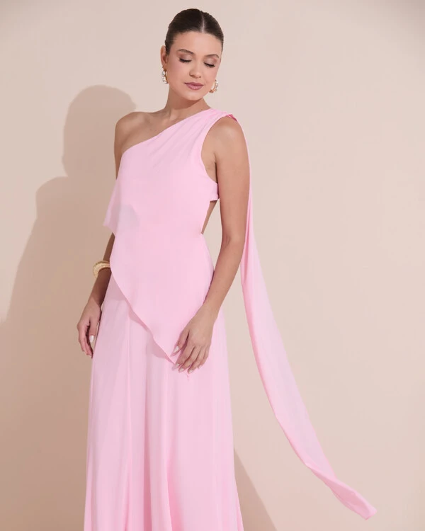 Vestido de Festa Longo Um Ombro Só Crepe Chiffon Lenço Rosa Claro