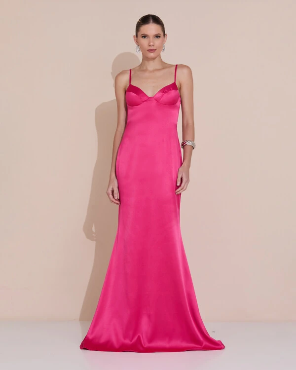 Vestido de Festa Longo Decote Coração Cetim Alfaiataria Trançado Costas Lenço Pink
