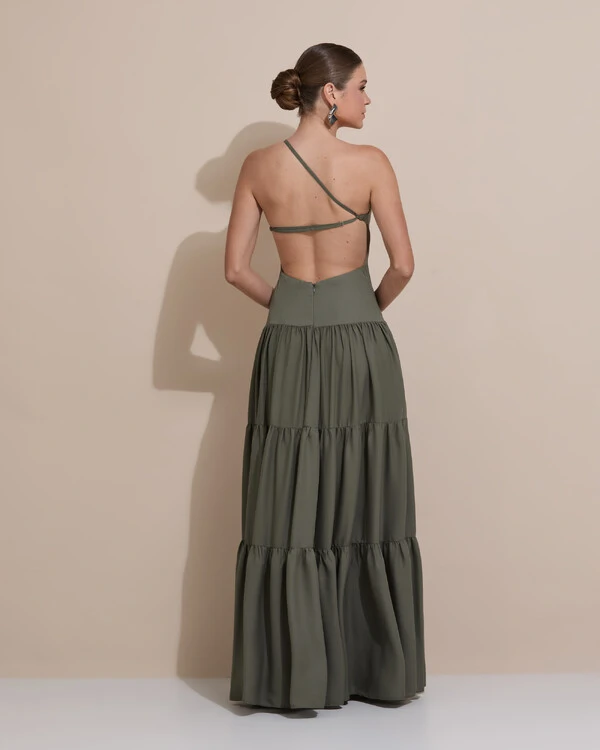 Vestido de Festa Longo Um ombro Só Crepe Chiffon Saia Fluida Verde Oliva