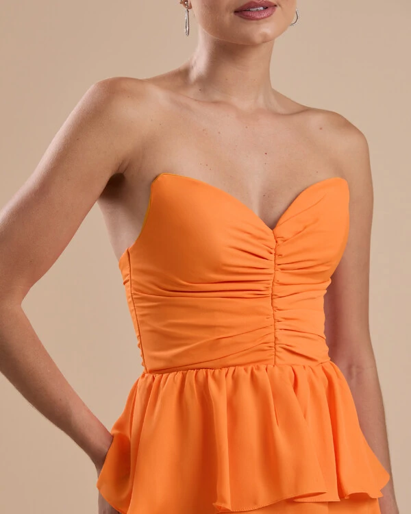 Vestido de Festa Longo Crepe Chiffon Tomara que Caia Peplum Drapeado Laranja