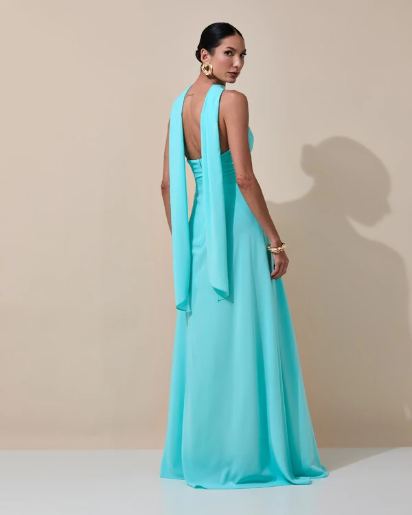 Vestido de Festa Longo Tomara que Caia Crepe Chiffon Decote Coração Lenço Tiffany