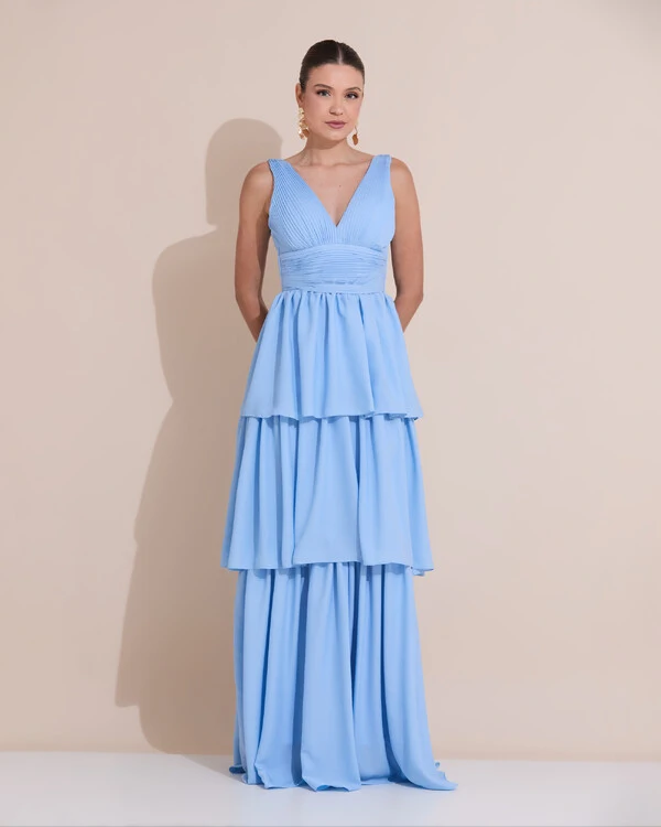 Vestido de Festa Longo Decote V Crepe Chiffon Plissado Camadas Babado Serenity