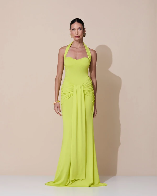 Vestido de Festa Longo Decote Coração Malha Jersey Drapeado Costas Trançada Verde Lima