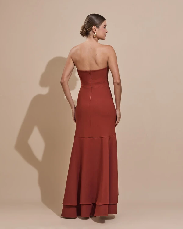 Vestido Longo com Fenda de Babados Alfaiataria Terracota