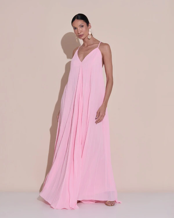 Vestido de Festa Longo Plissado Crepe Chiffon Decote V Alças Finas Rosa Claro