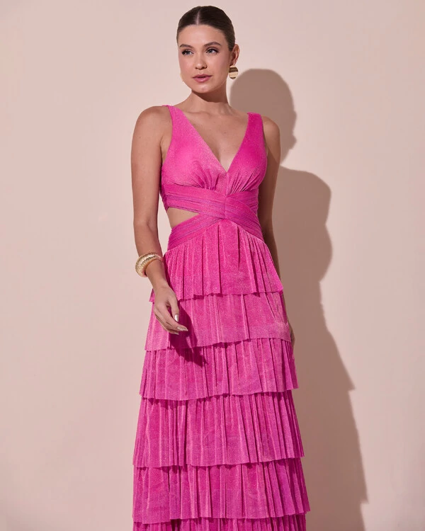 Vestido De Festa Longo Decote V Tule Brilho Recortes Camadas Pink