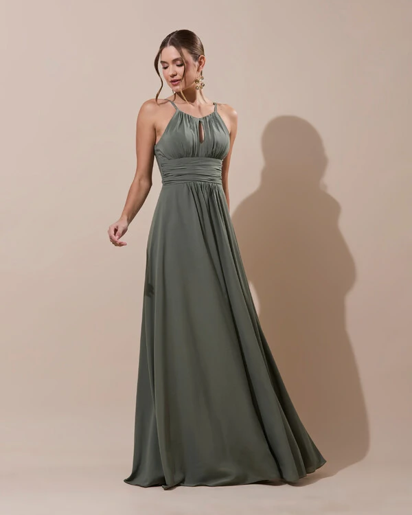 Vestido de Festa Longo Crepe Chiffon Drapeado com Alças e Saia Fluida Verde Oliva
