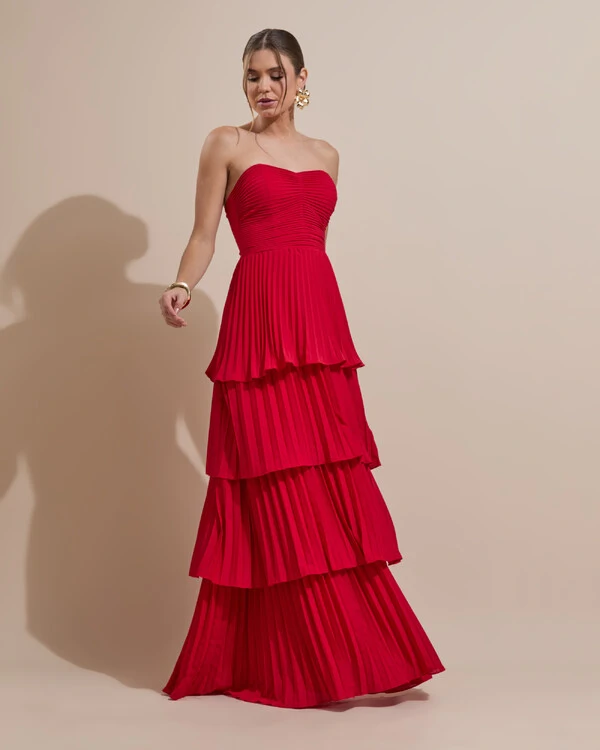 Vestido de Festa Longo Tomara que Caia Crepe Chiffon Plissado Camadas Vermelho