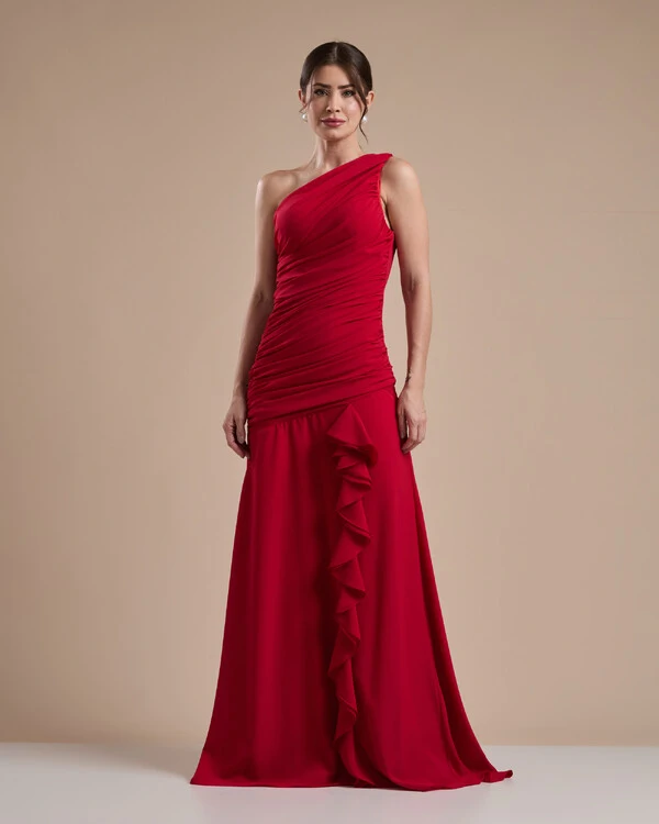 Vestido de Festa Longo Crepe Chiffon Um Ombro Só Drapeado com Babado Cascata Vermelho
