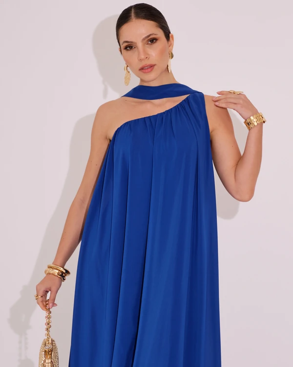 Vestido de Festa Longo Crepe Fluido um Ombro Só com Lenço Azul Royal