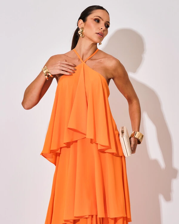Vestido Longo Crepe Chiffon Babado em Camadas Laranja Manga