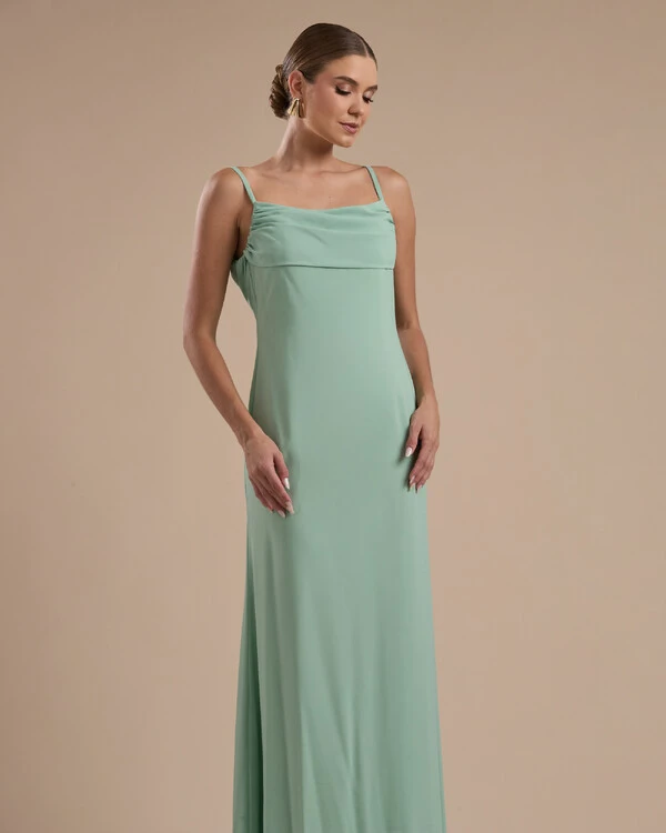 Vestido de Festa Longo Crepe Chiffon Costas Lenço Cauda Verde Menta