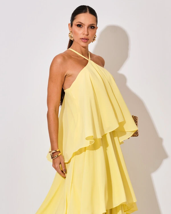 Vestido Longo Crepe Chiffon Babado em Camadas Amarelo Manteiga