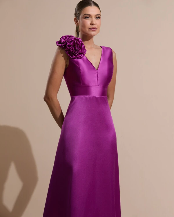 Vestido de Festa longo Zibeline Decote em V com Flores Removivel Fúcsia