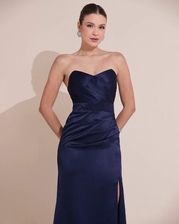 Vestido de Festa Longo Cetim Alfaiataria Tomara que Caia Fenda Azul Marinho