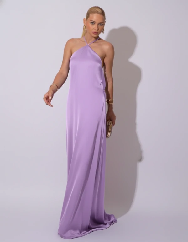 Vestido Longo de Cetim com Decote Triangular e Amarração nas Costas Degagê Lilás