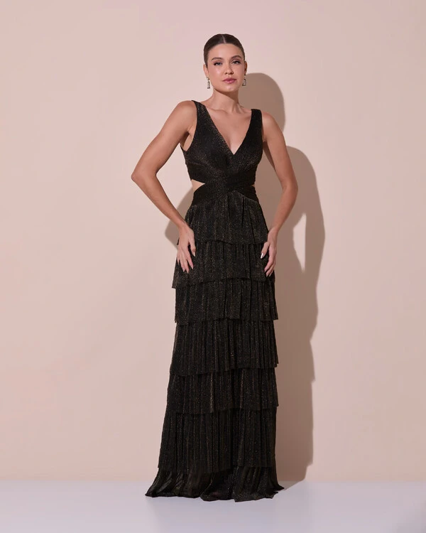 Vestido De Festa Longo Decote V Tule Brilho Recortes Camadas Preto