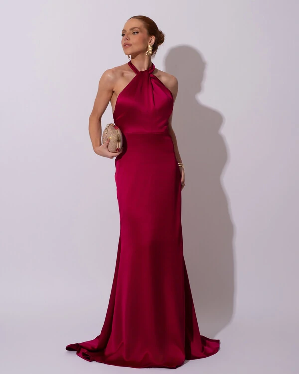 Vestido de Festa Longo em Cetim Alfaiataria com Elastano Frente Única Beterraba