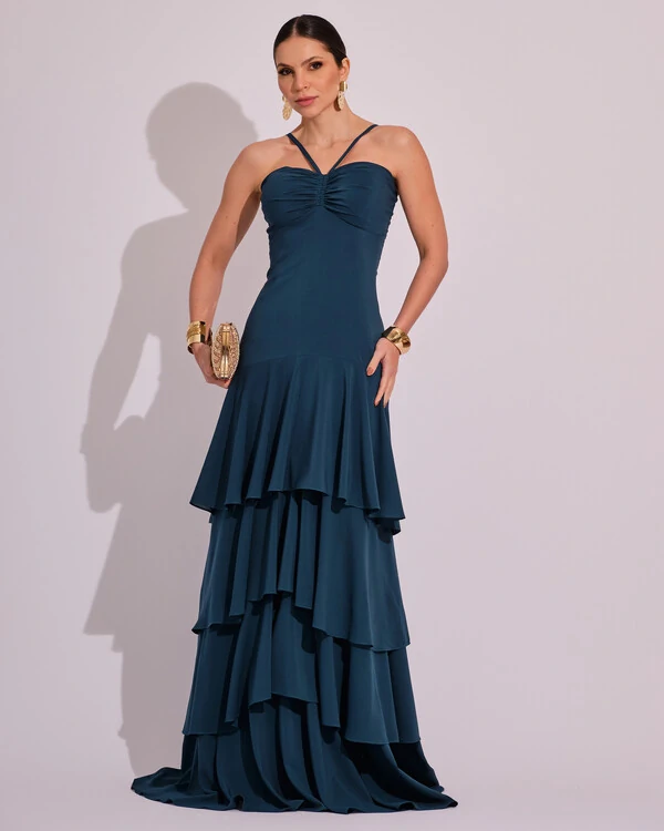Vestido Longo Frente Única em Crepe com Babados e Camadas Verde