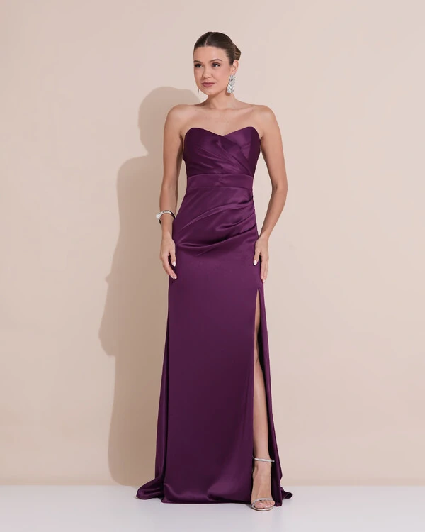 Vestido de Festa Longo Cetim Alfaiataria Tomara que Caia Fenda Roxo
