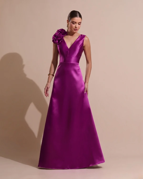 Vestido de Festa longo Zibeline Decote em V com Flores Removivel Fúcsia