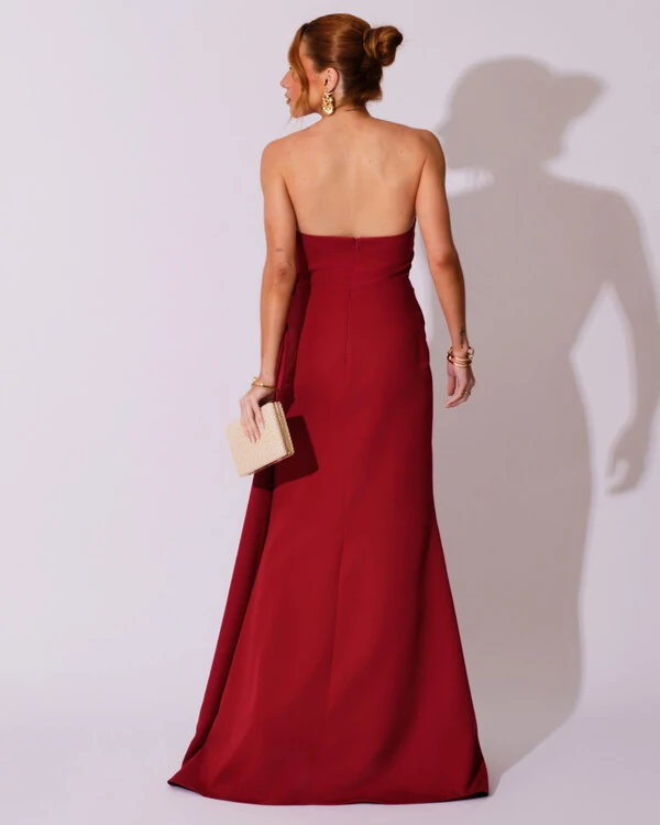 Vestido de Festa Longo Alfaiataria Tomara que Caia Drapeado Faixa Marsala