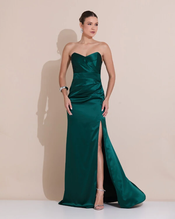 Vestido de Festa Longo Cetim Alfaiataria Tomara que Caia Fenda Verde Escuro