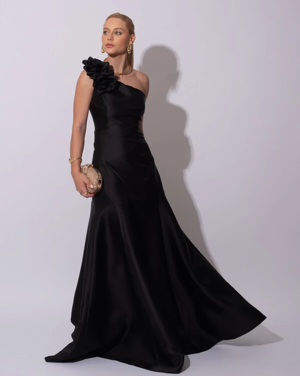 Vestido de Festa Longo Zibeline um Ombro Só Flor Removível Saia Sereia Preto