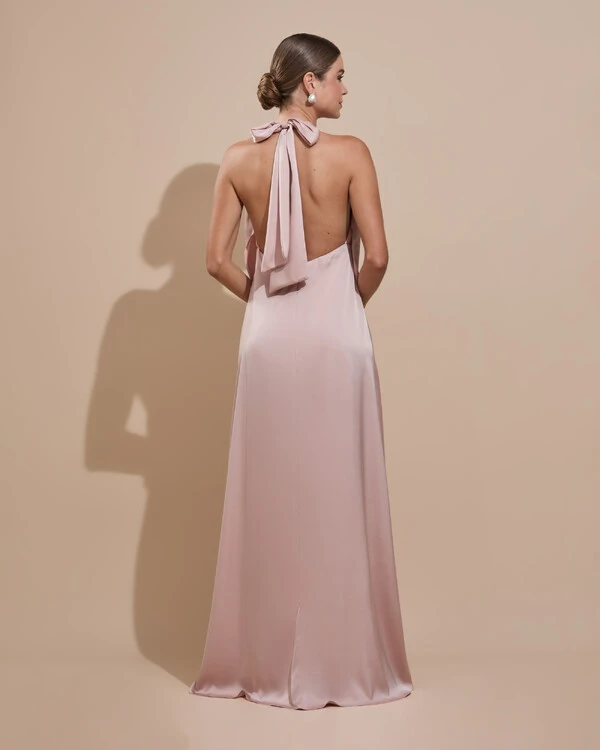 Vestido de Festa Longo Cetim Fluido Frente Única Degagê Mil Formas Rose Nude