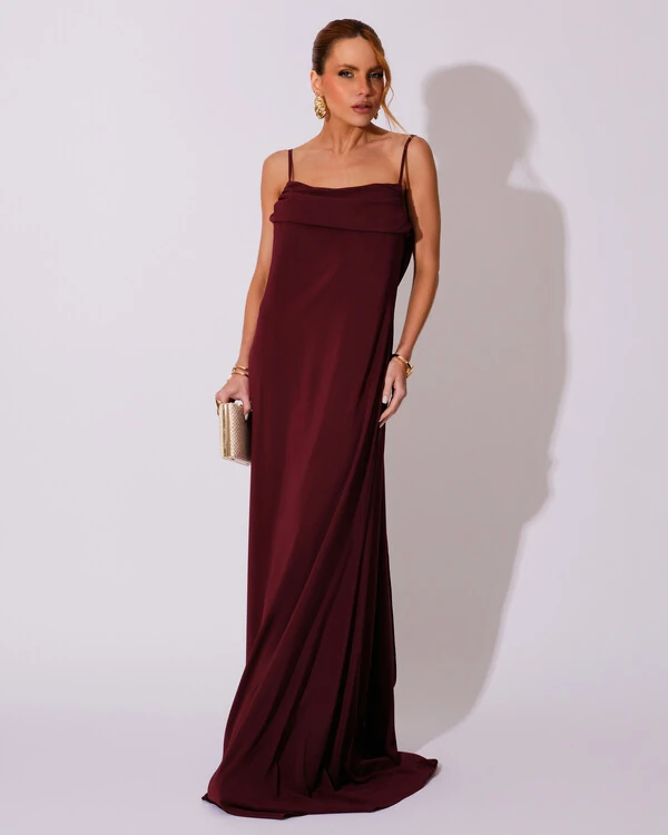 Vestido de Festa Longo Crepe Chiffon Costas Lenço Cauda Marsala