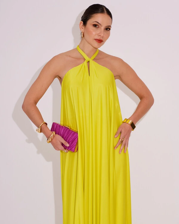 Vestido Longo com Amarração em Malha Verde Lima