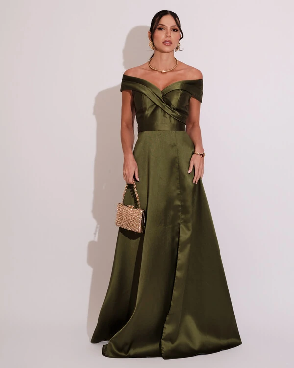 Vestido de Festa Longo Zibeline Ombro a Ombro com Fenda Verde Oliva