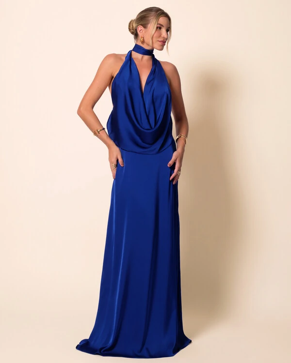 Vestido de Festa Longo Cetim Fluido Frente Única Degagê Mil Formas Azul Royal New