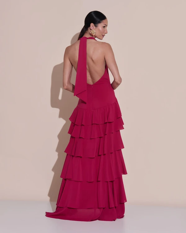 Vestido De Festa Longo Frente Única Degagê Crepe Chiffon Babados Mullet Cereja