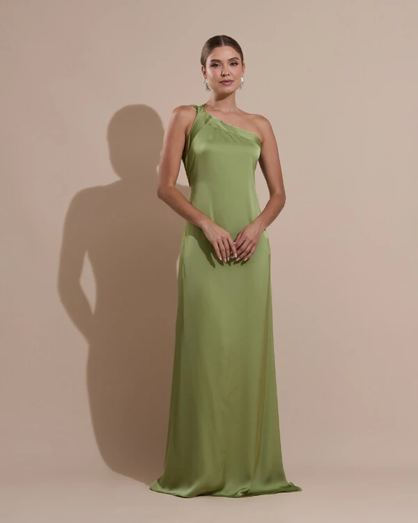 Vestido de Festa Longo Cetim Fluido Um Ombro Só Amarração Costas Verde Pistache