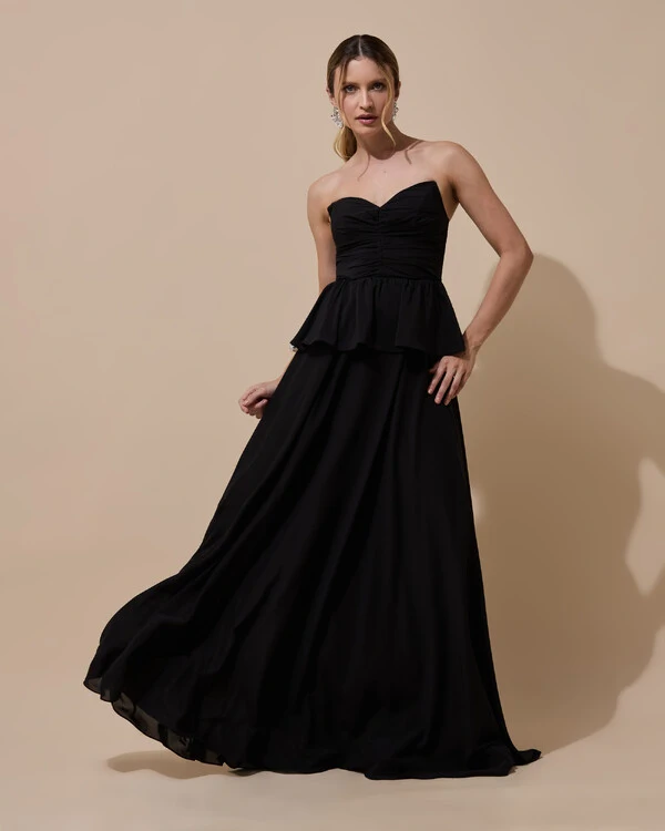 Vestido de Festa Longo Crepe Chiffon Tomara que Caia Peplum Drapeado Preto