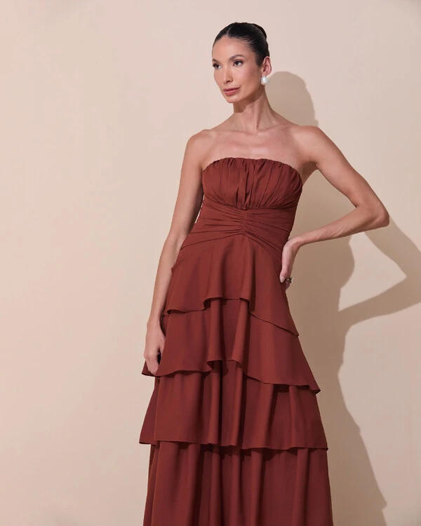 Vestido de Festa Longo Tomara que Caia Drapeado Crepe Chiffon Babados Camadas Marrom New