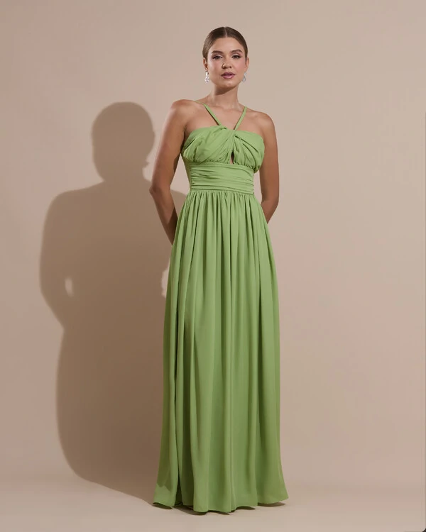 Vestido de Festa Longo Crepe Chiffon Drapeado com Alças Finas Verde Garden