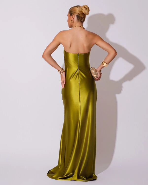 Vestido de Festa longo Cetim Malha Metálico Tomara que Caia Detalhe Drapeado Verde Oliva