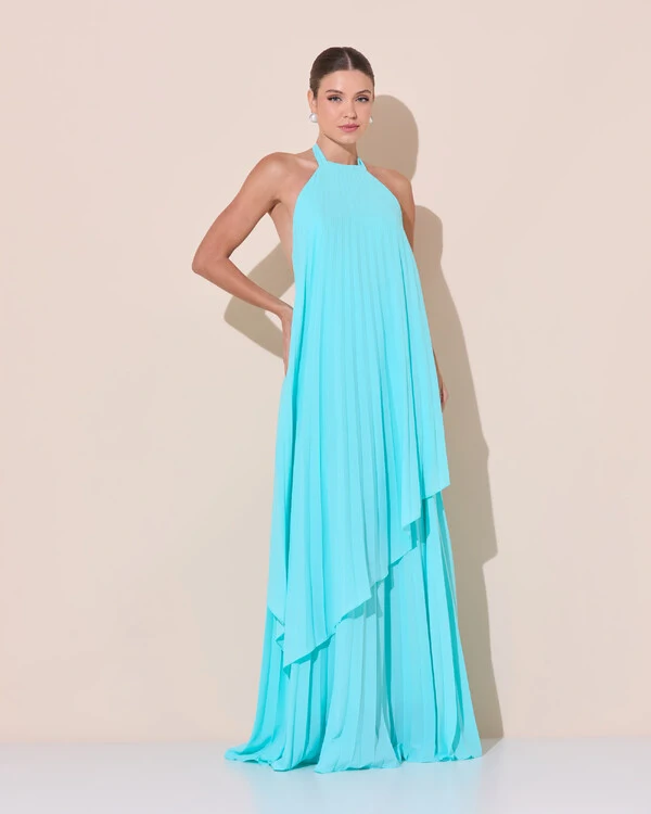 Vestidos de Festa Longo Chiffon Fluido Frente Única Plissado Duplo Tiffany