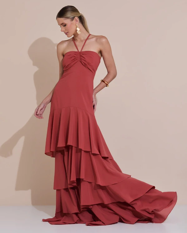 Vestido Longo Crepe com Babado em Camadas Terracota
