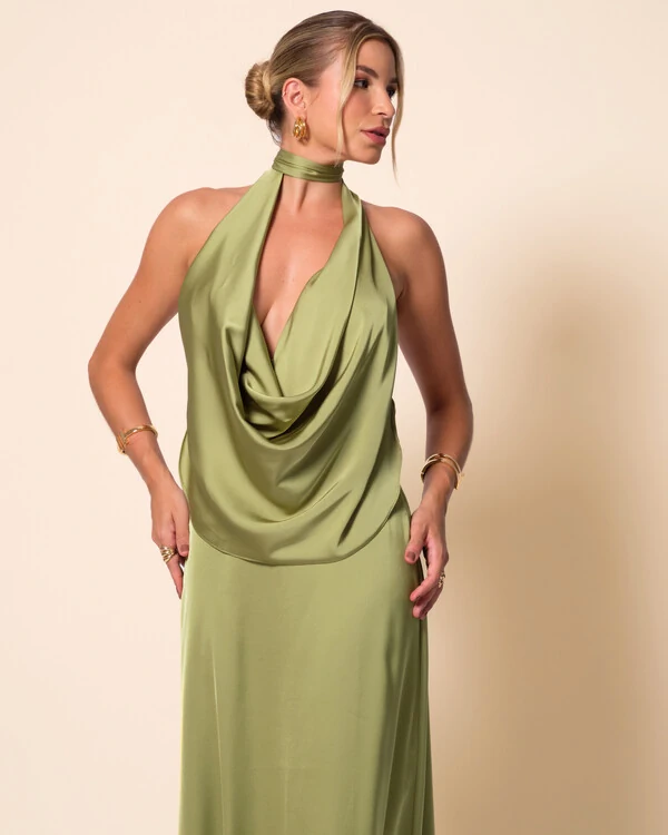 Vestido de Festa Longo Cetim Fluido Frente Única Degagê Mil Formas Verde Pistache