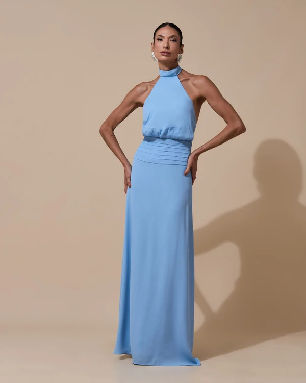 Vestido de Festa Longo Frente Única Busto Blousê Crepe Chiffon Drapeado Azul Atlantis