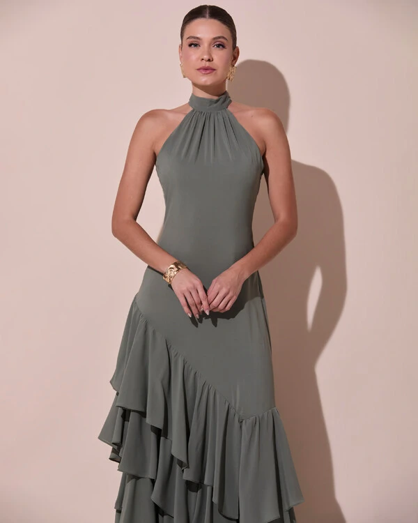 Vestido de Festa Longo Chiffon Crepe Gola Alta Babados Verde Oliva